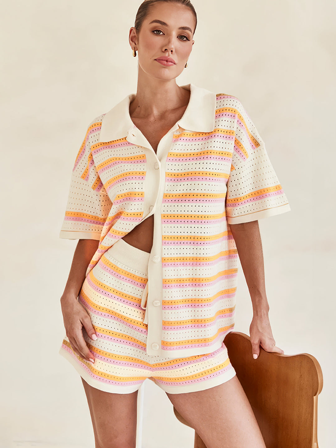 Nelly - gebreide gestreepte zomer set [blouse + shorts]