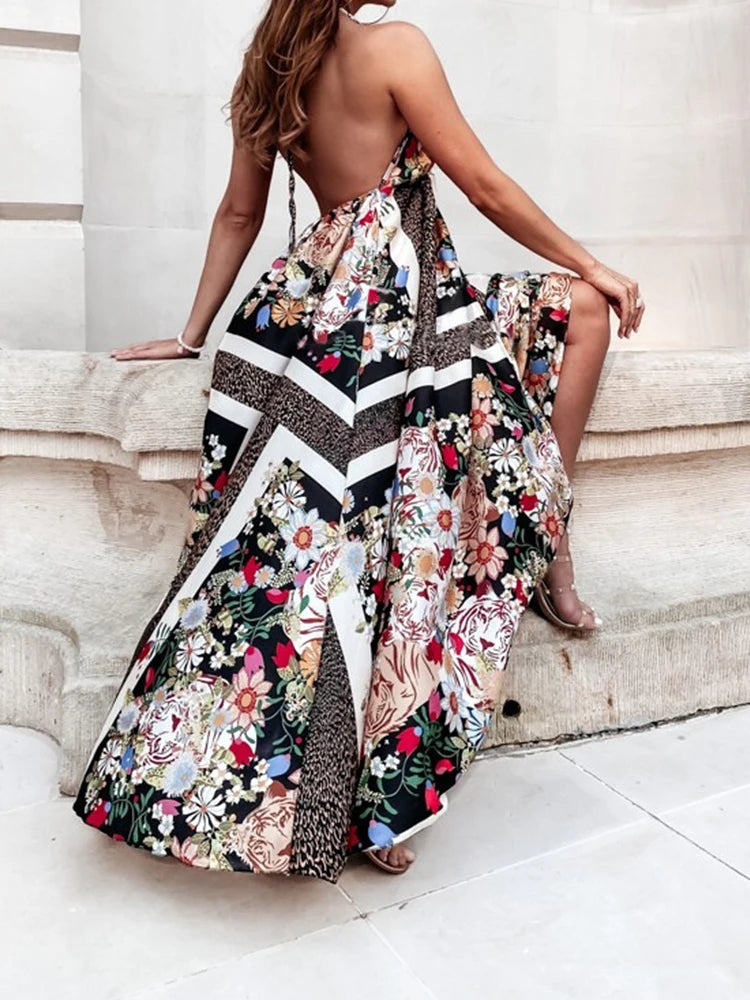 Rowan - Bloemenprint Halter Maxi Jurk