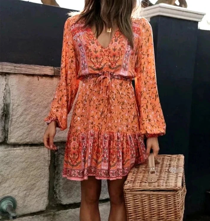 Adeline - vintage mini v-hals oranje jurk