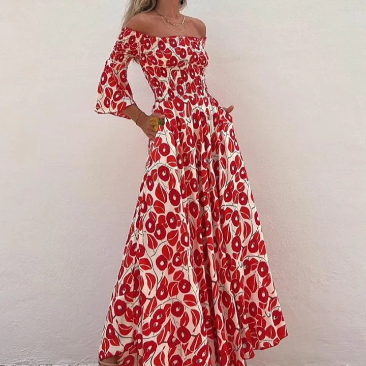 Raegan - Maxi Jurk met Off-Shoulder Print