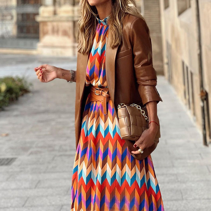 Celine - elegante midi-jurk met lange mouwen en veelkleurig patroon