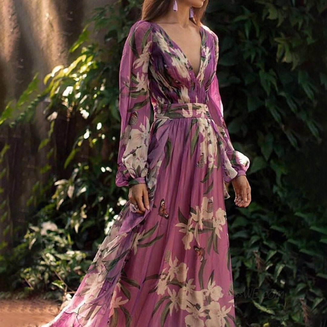Luna - elegant bloemen lange mouwen maxi jurk