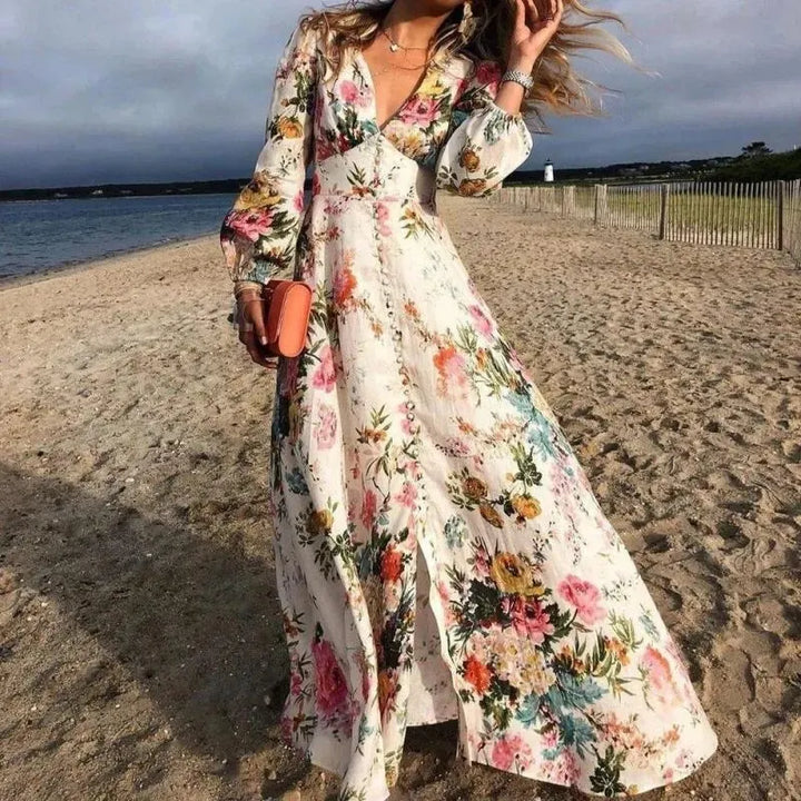 Tracy - diepe v-hals bloemen maxi jurk