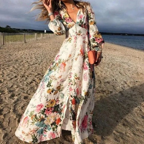 Tracy - diepe v-hals bloemen maxi jurk