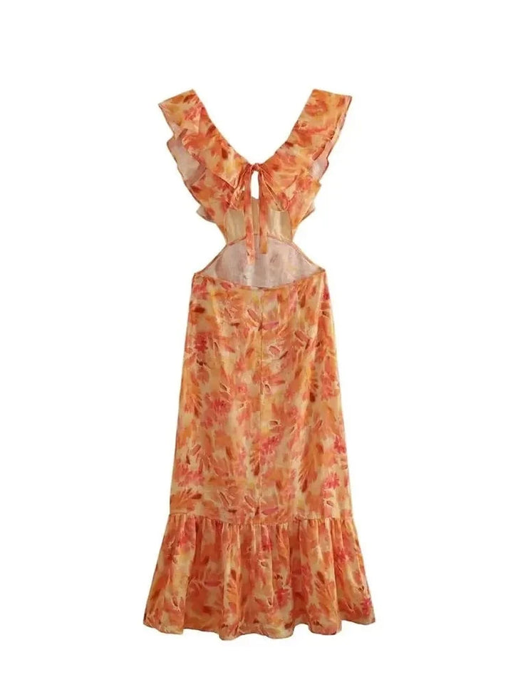 Aurora - oranje jurk met open rug en ruches