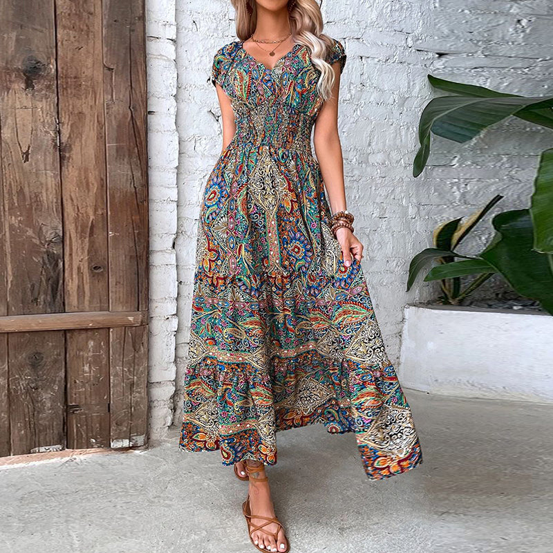 Cristina - casual vintage print maxi-jurk met V-hals