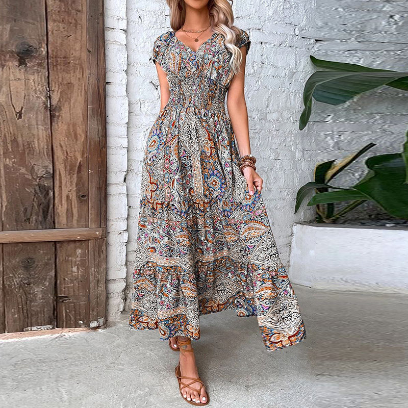 Cristina - casual vintage print maxi-jurk met V-hals